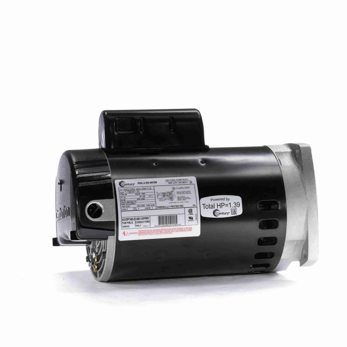 Century Pool Pump Motor, 1/2 HP, 1 Ph, 60 Hz, 208-230/115 V, 3600 RPM, Y56Y Frame, ODP - HSQ1052