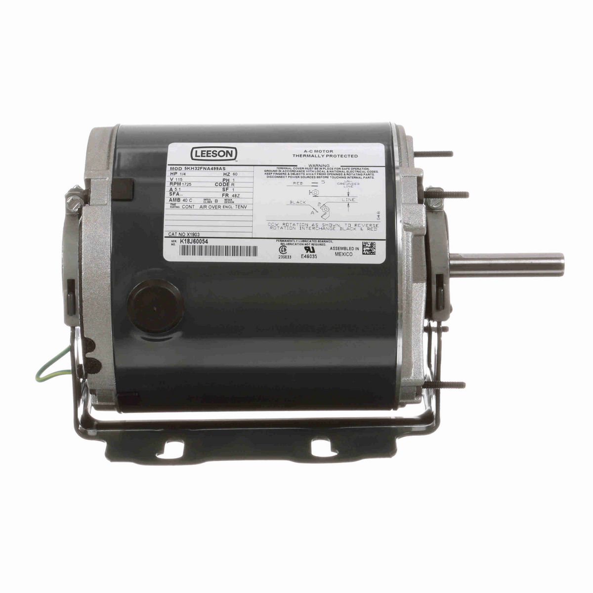 LEESON General Purpose Farm Duty Motor, 0.25 HP, 1 Ph, 60 Hz, 115 V, 1800 RPM, 48Z Frame, TENV - X1903