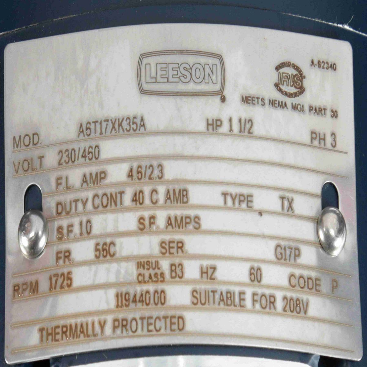 LEESON Explosion Proof Motor, 1.50 HP, 3 Ph, 60 Hz, 230/460 V, 1800 RPM, 56C Frame, EPFC - 119440.00