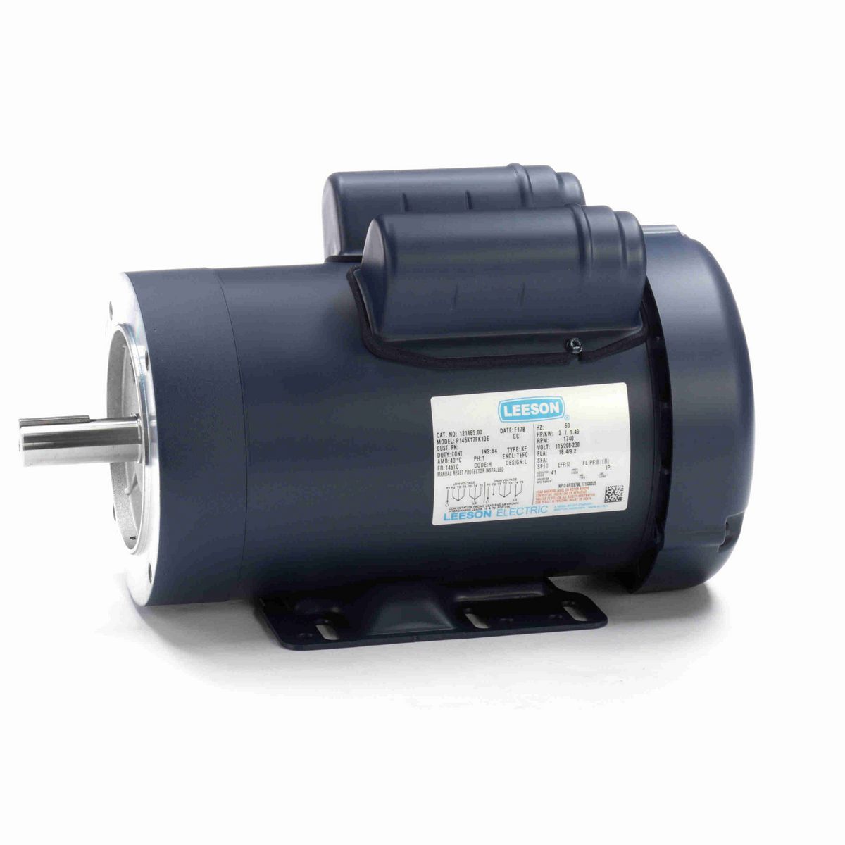 LEESON General Purpose Motor, 2 HP, 1 Ph, 60 Hz, 115/230 V, 1800 RPM, 145TC Frame, TEFC - 121465.00