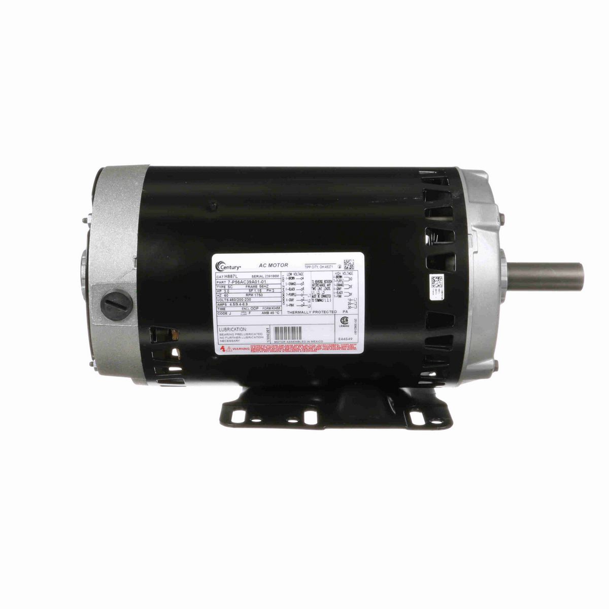 Century General Purpose Motor, 3.0 HP, 3 Ph, 60 Hz, 230/460 V, 1800 RPM, 56HZ Frame, ODP - H887L