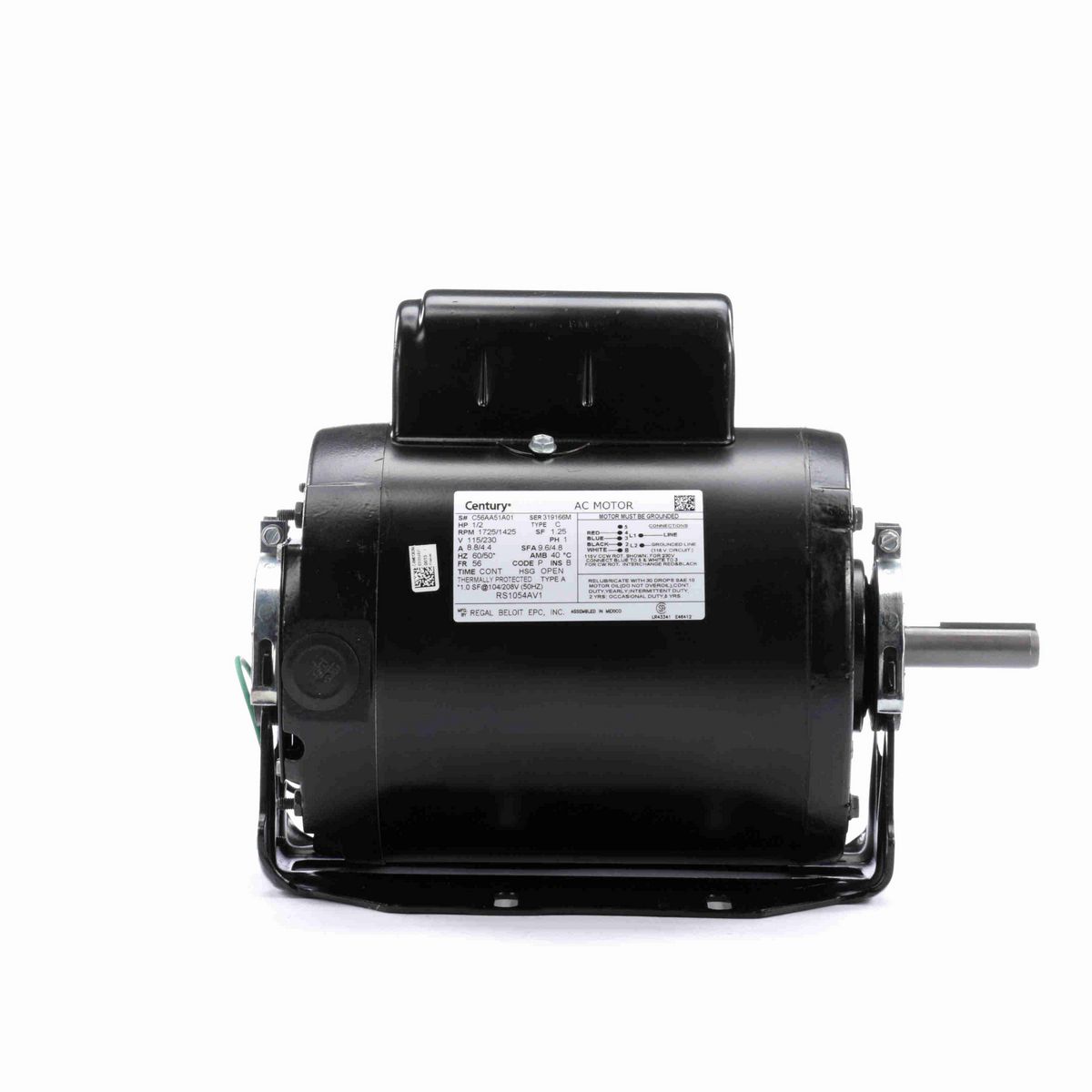 Century Fan and Blower Motor, 1/2 HP, 1 Ph, 60/50* Hz, 115/230 V, 1800 RPM, 56 Frame, OPEN - RS1054AV1