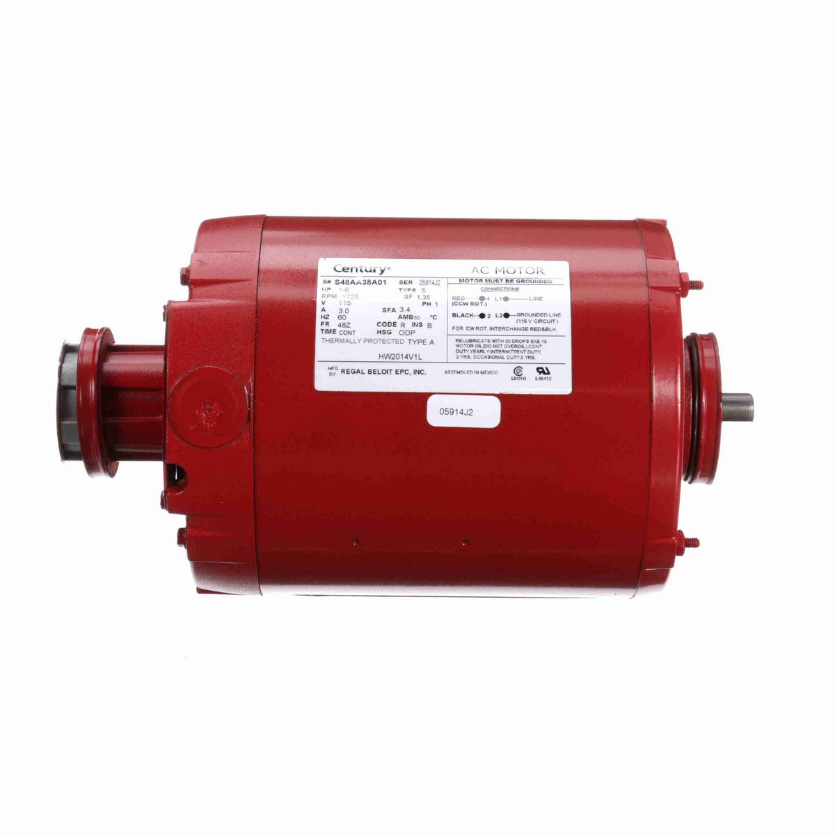 Century Circulator Pump Motor, 1/6 HP, 1 Ph, 60 Hz, 115 V, 1800 RPM, 48Z Frame, ODP - HW2014V1L