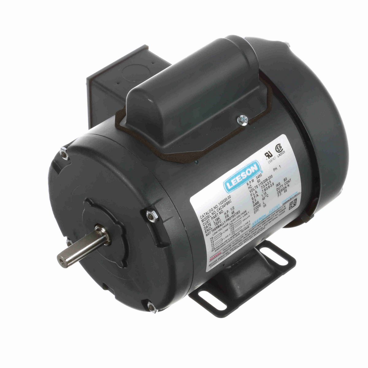 LEESON General Purpose Motor, 0.50 HP, 1 Ph, 60 Hz, 115/230 V, 3600 RPM, 48 Frame, TEFC - 102020.00
