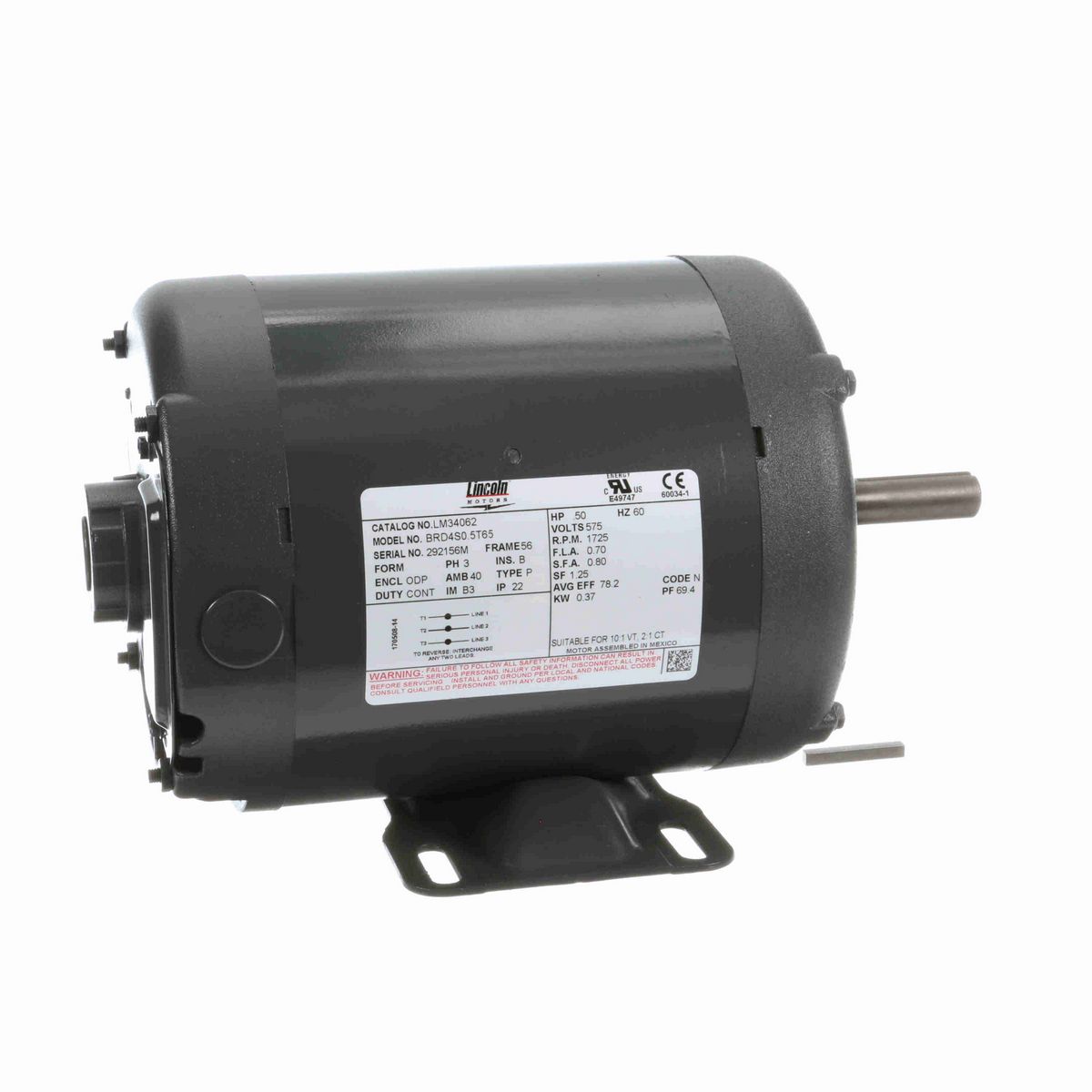 LEESON Special Voltage Motor, 0.50 HP, 3 Ph, 60 Hz, 575 V, 1800 RPM, 56 Frame, DP - LM34062