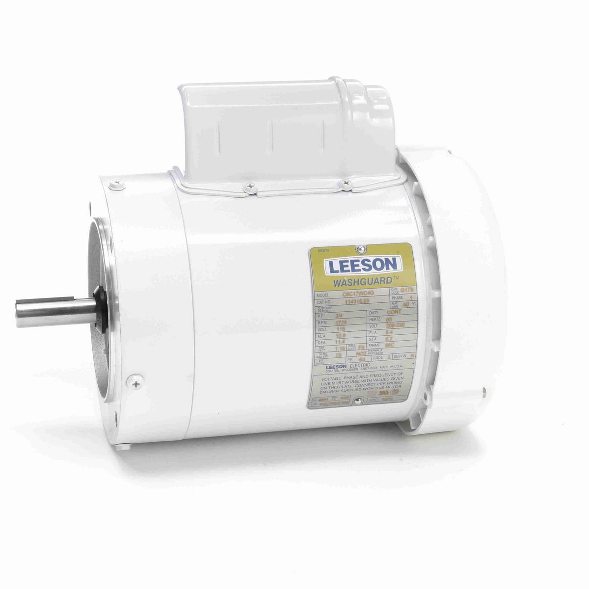 LEESON White Duck™ General Purpose Motor, 0.75 HP, 1 Ph, 60 Hz, 115/230 V, 1800 RPM, 56C Frame, TEFC - 114315.00