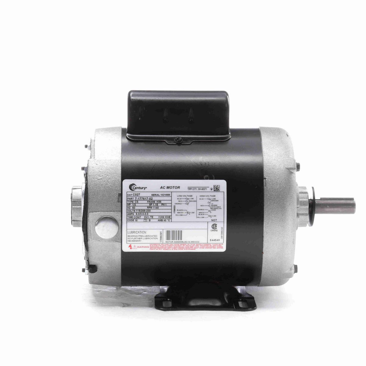 Century General Purpose Farm Duty Motor, 1/3 HP, 1 Ph, 60 Hz, 115/208-230 V, 1200 RPM, K56 Frame, TENV - C027