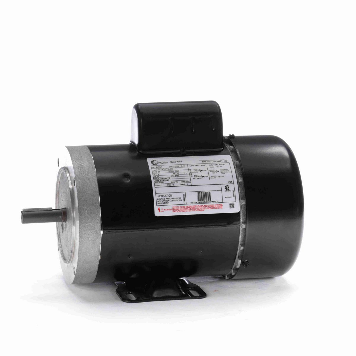 Century General Purpose Motor, 1.5 HP, 1 Ph, 60 Hz, 208-230/115 V, 3600 RPM, T56C Frame, TEFC - B891