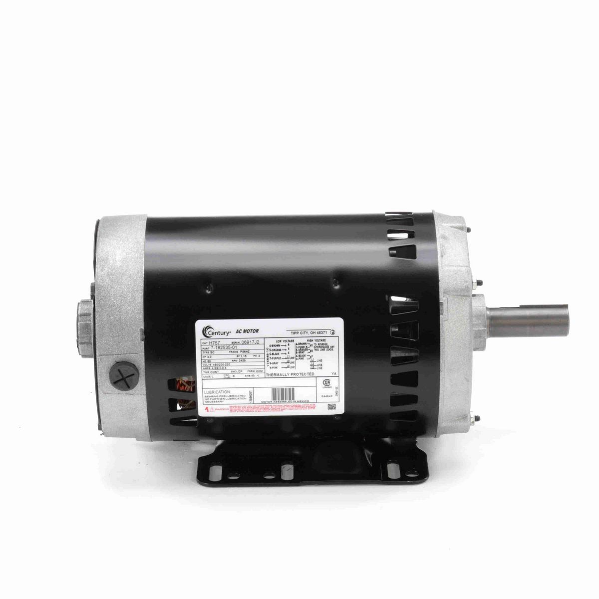 Century General Purpose Motor, 3.0 HP, 3 Ph, 60 Hz, 460/200-230 V, 3600 RPM, P56HZ Frame, DP - H757