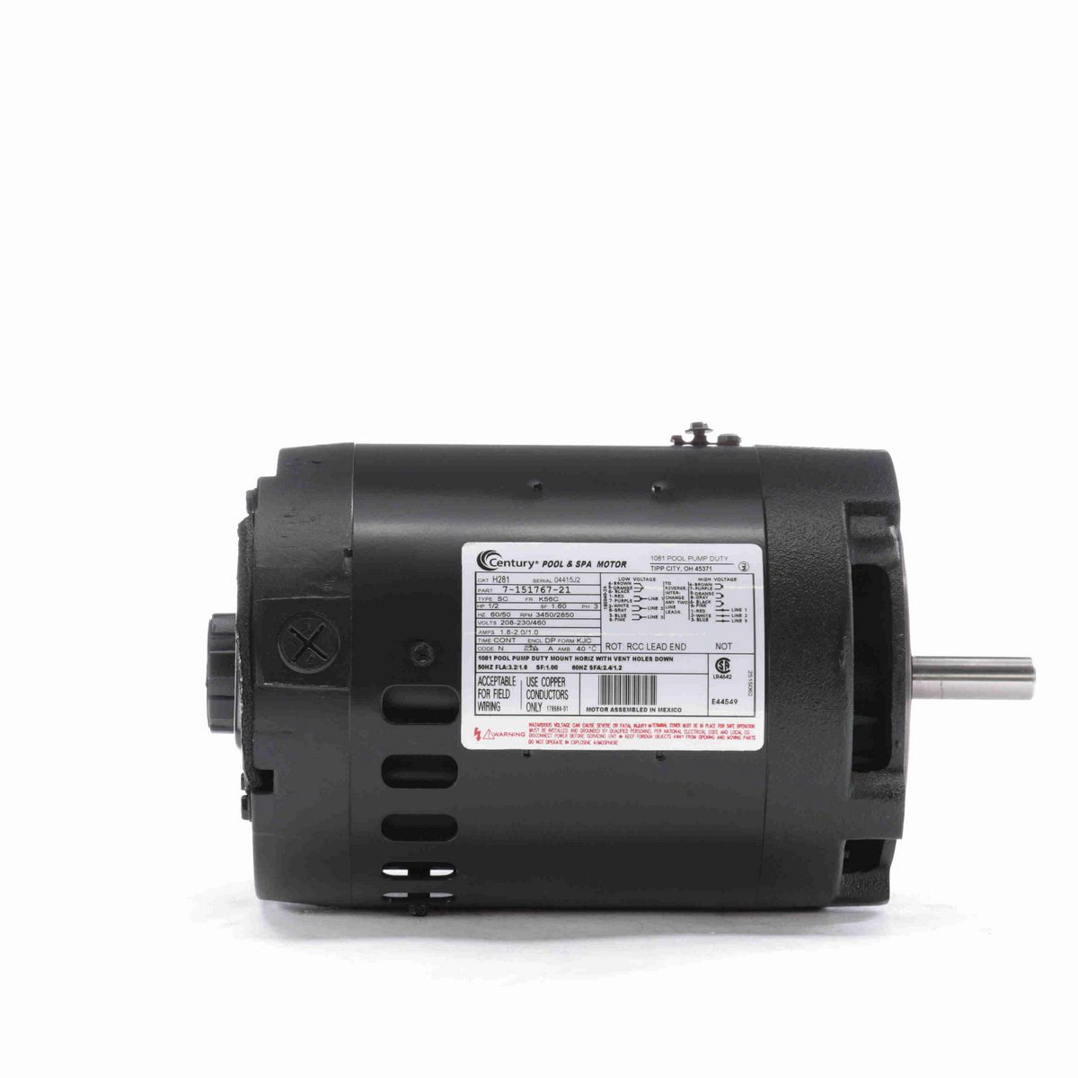 Century Pool Pump Motor, 1/2 HP, 3 Ph, 60 Hz, 208-230/460 V, 3600 RPM, K56C Frame, DP - H281