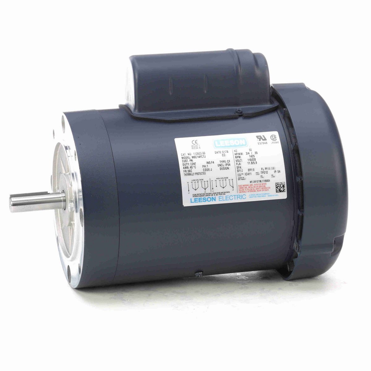 LEESON Special Voltage Motor, 0.75 HP, 1 Ph, 50 Hz, 110/220 V, 1500 RPM, 56C Frame, TEFC - 113923.00