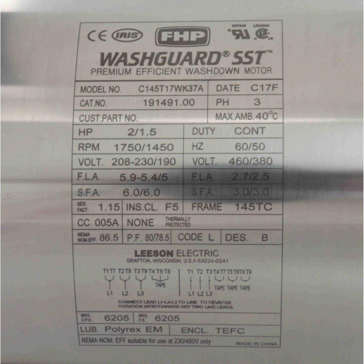 LEESON SST Duck™ General Purpose Motor, 2 & 1.50 HP, 3 Ph, 60 & 50 Hz, 208-230/460 & 190/380 V, 1800 & 1500 RPM, 145TC Frame, TEFC - 191491.00