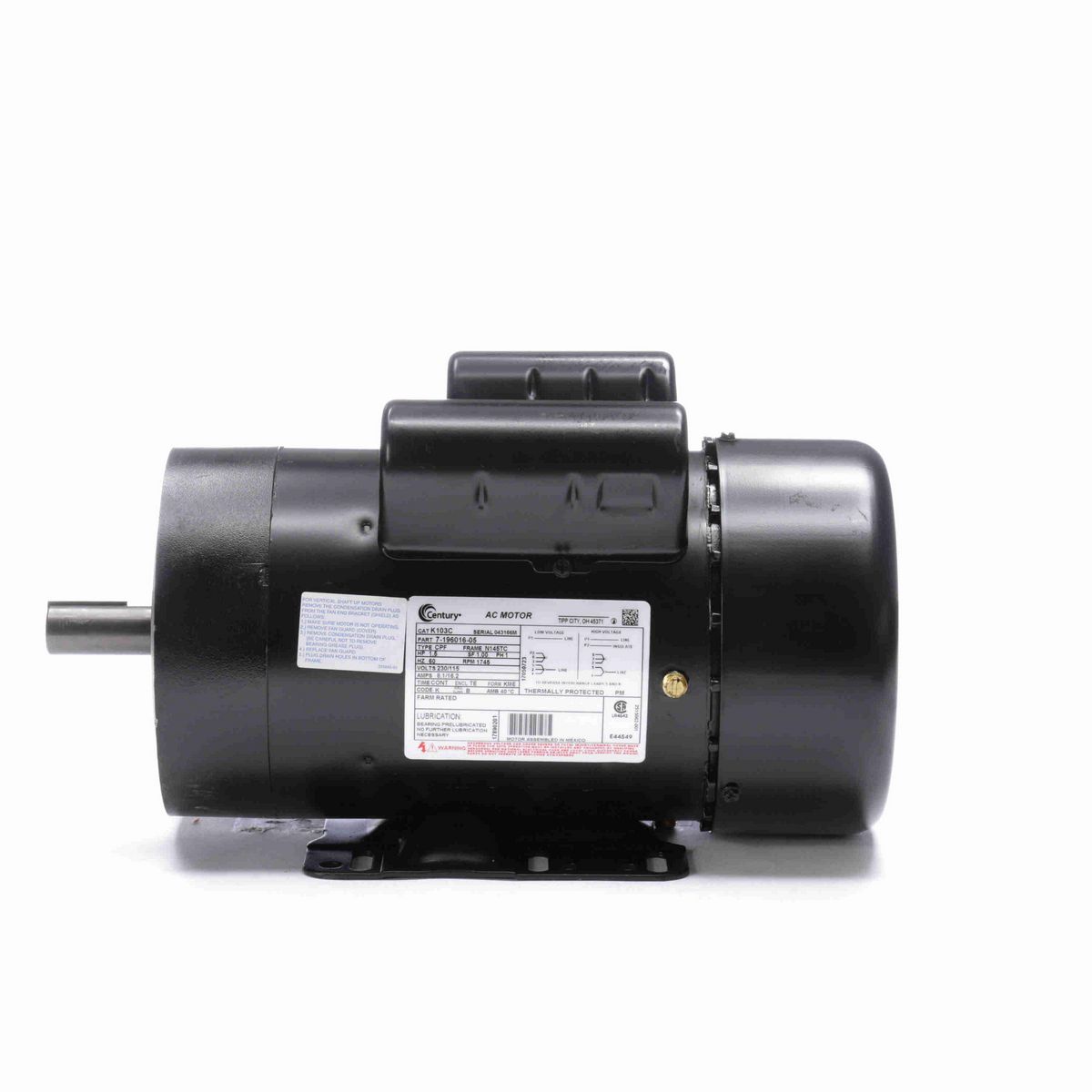 Century Farm Rated® General Purpose Farm Duty Motor, 1.5 HP, 1 Ph, 60 Hz, 230/115 V, 1800 RPM, N145TC Frame, TEFC - K103C