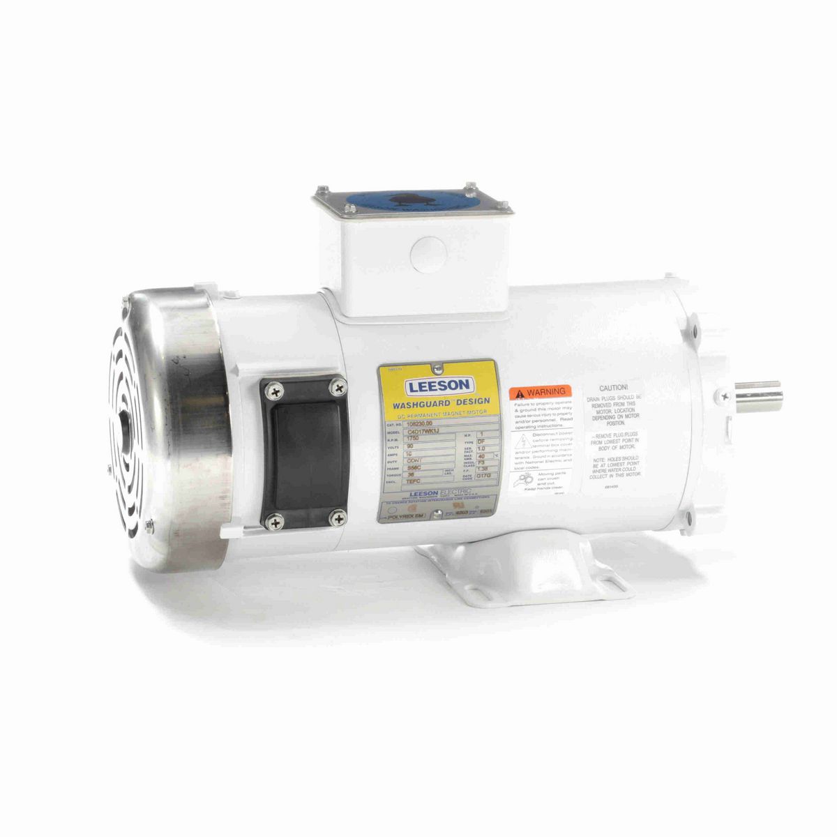 LEESON White Duck™ Washdown Motor, 1 HP, 90 V, 1750 RPM, S56C Frame, TEFC - 108230.00