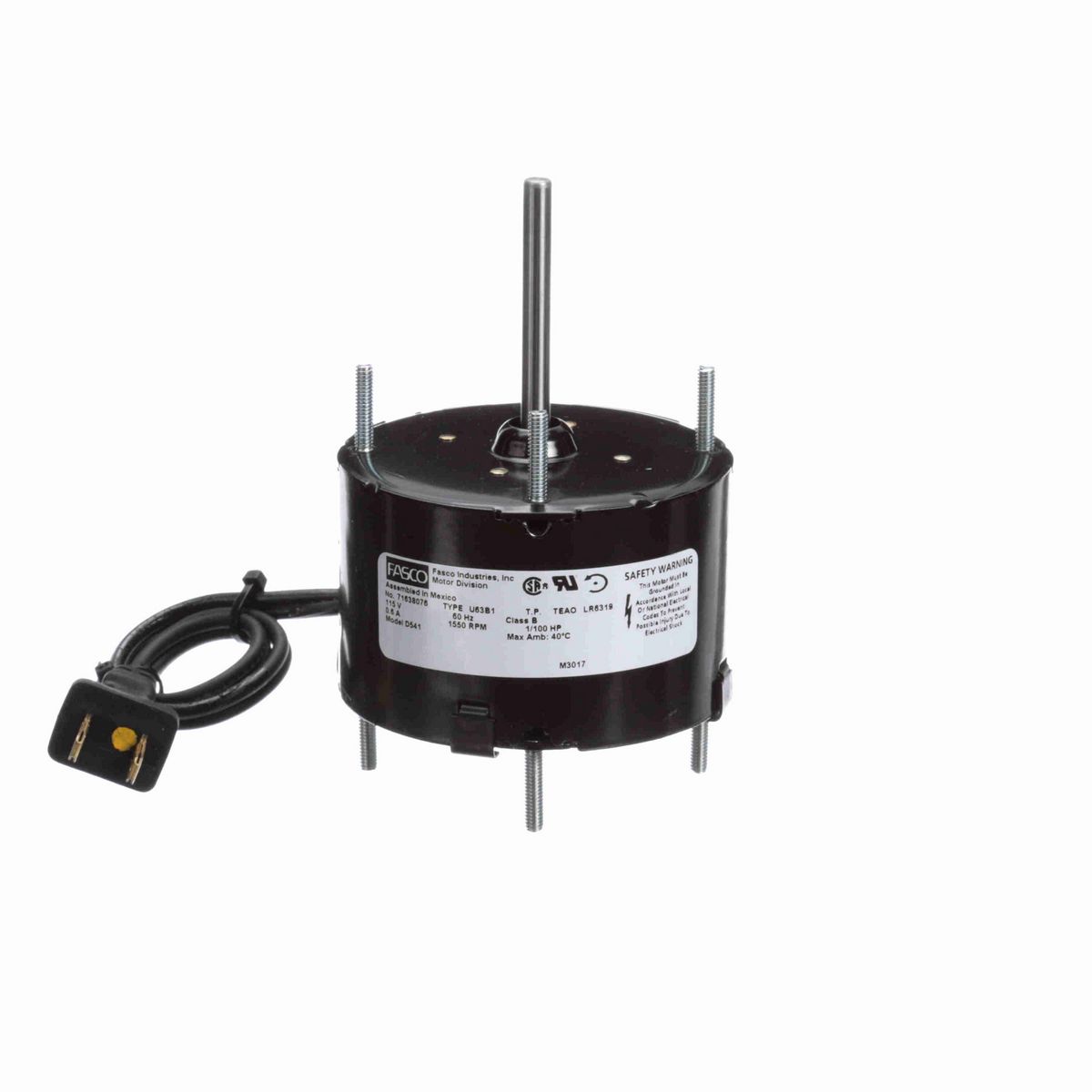 FASCO OEM Replacement Motor, 1/100 HP, 1 Ph, 60 Hz, 115 V, 1550 RPM, 1 Speed, 3.3" Diameter, TEAO - D541