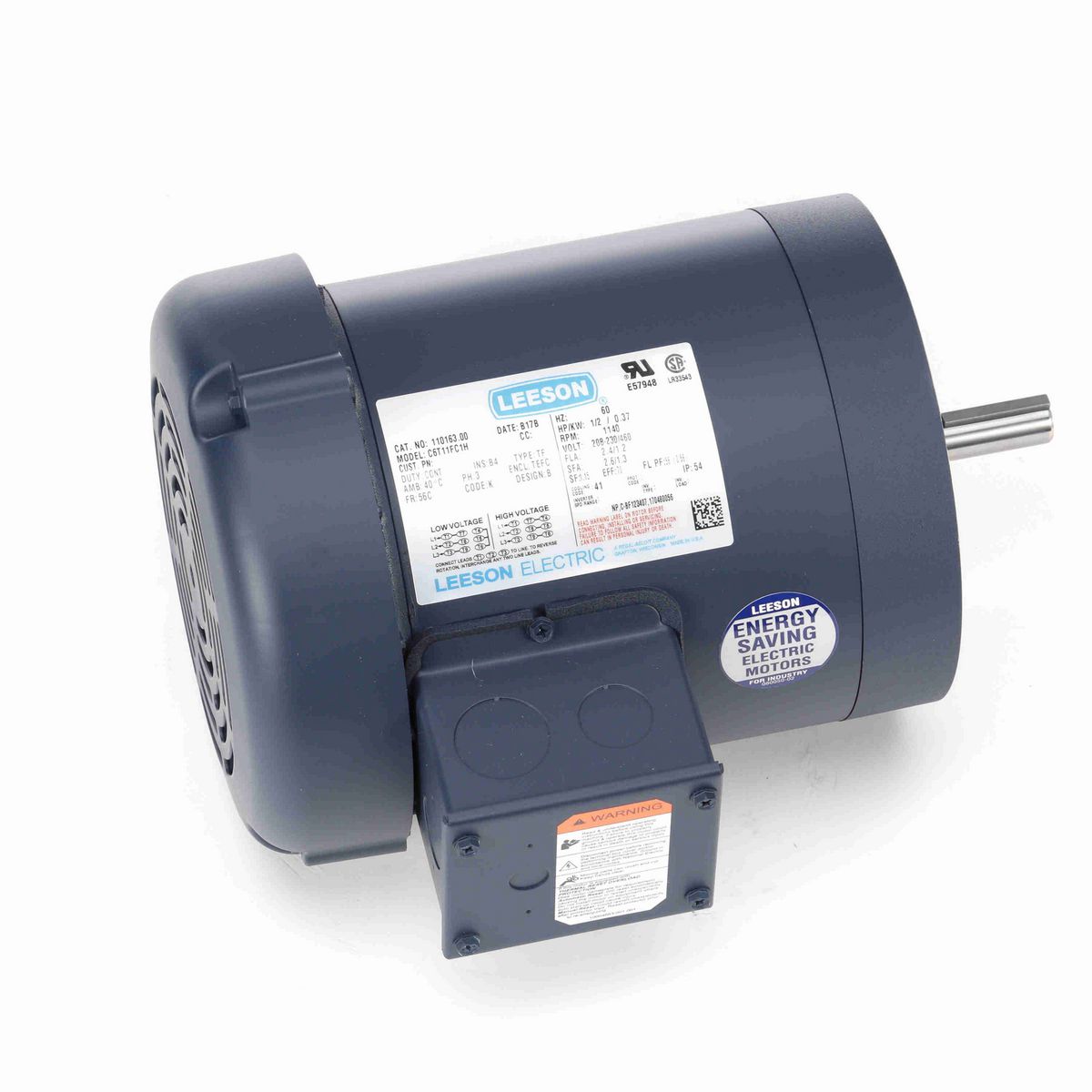 LEESON General Purpose Motor, 0.50 HP, 3 Ph, 60 Hz, 230/460 V, 1200 RPM, 56C Frame, TEFC - 110163.00