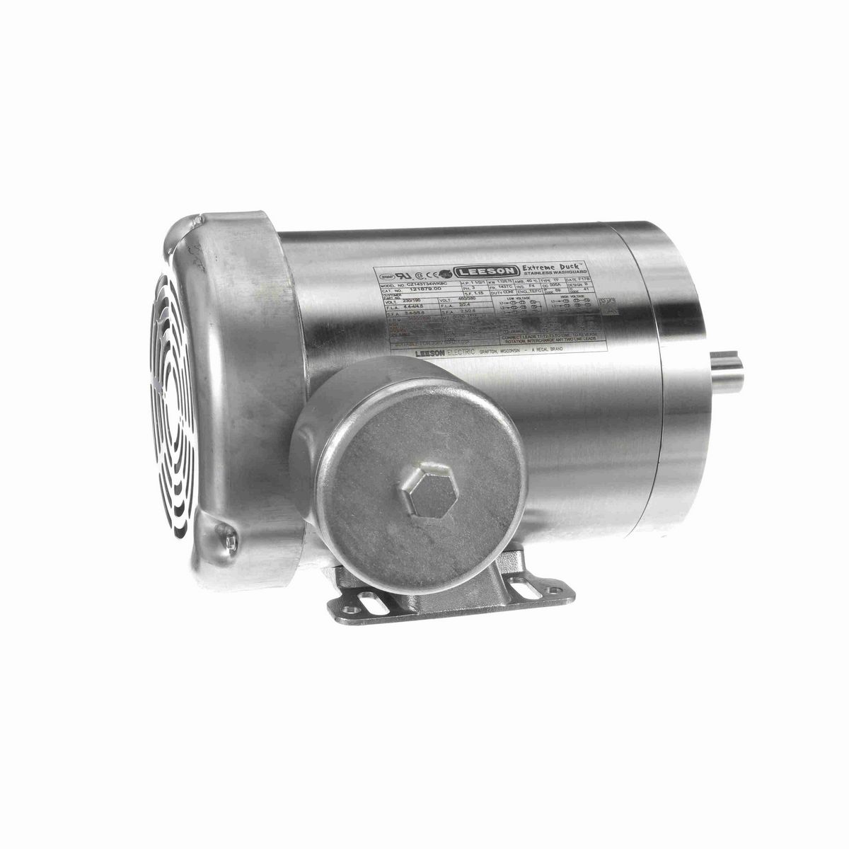LEESON Extreme Duck® Ultra General Purpose Motor, 1.50 & 1 HP, 3 Ph, 60 & 50 Hz, 230/460 & 190/380 V, 3600 & 3000 RPM, 143TC Frame, TEFC - 121879.00