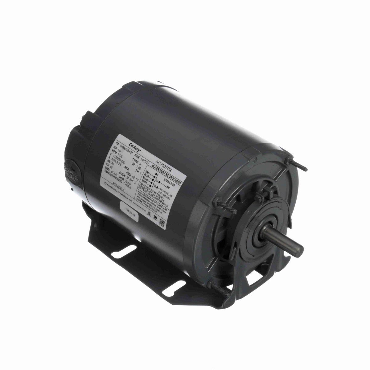 Century Fan and Blower Motor, 1/3 HP, 1 Ph, 60 Hz, 115/208-230 V, 1800 RPM, 48 Frame, TEAO - ARB2034L6