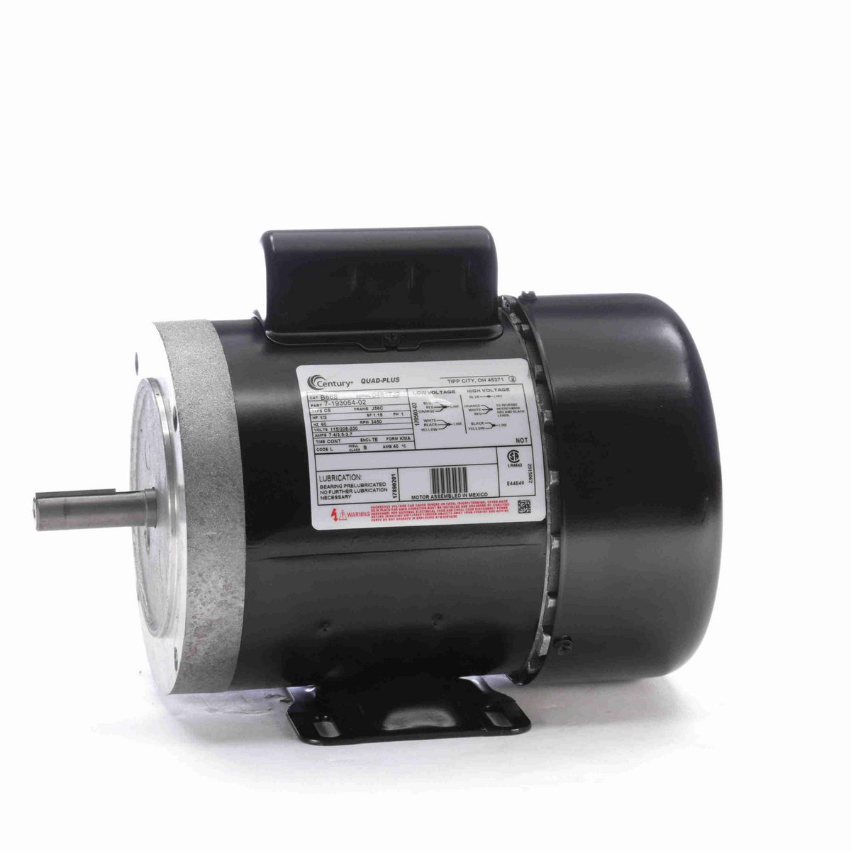 Century General Purpose Motor, 1/2 HP, 1 Ph, 60 Hz, 115/208-230 V, 3600 RPM, J56C Frame, TEFC - B888