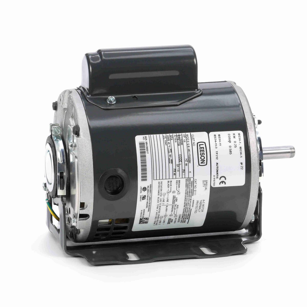 LEESON General Purpose Motor, 0.33 HP, 1 Ph, 60 Hz, 115/230 V, 1800 RPM, 48 Frame, DP - S111