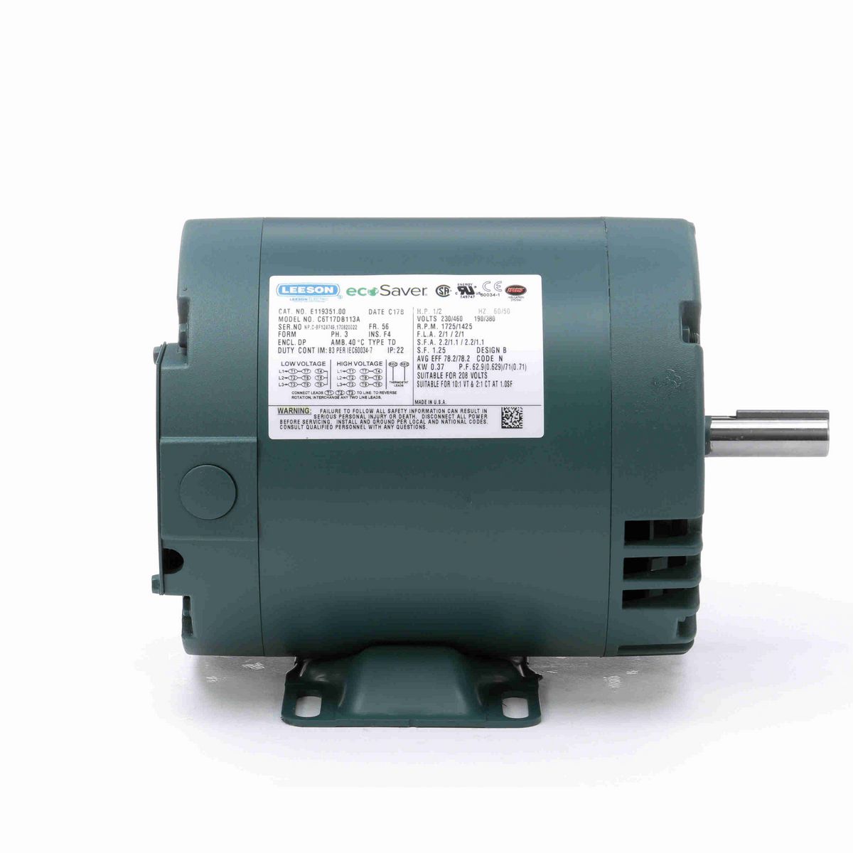 LEESON ecoSaver™ General Purpose Motor, 0.50 & 0.50 HP, 3 Ph, 60 & 50 Hz, 208-230/460 & 190/380 V, 1800 & 1500 RPM, 56 Frame, DP - E119351.00