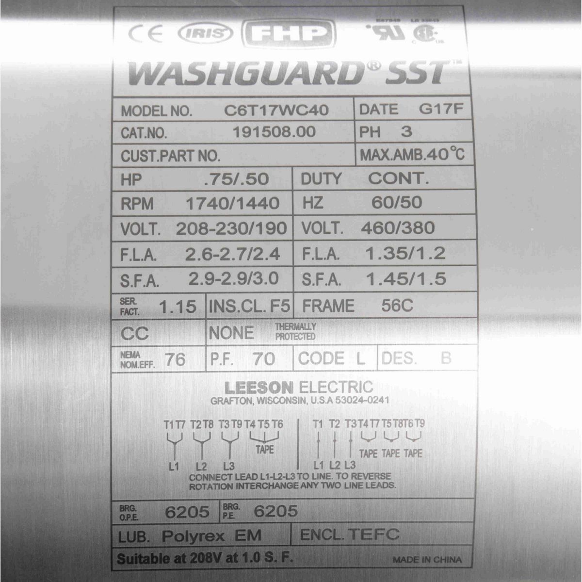 LEESON SST Duck™ General Purpose Motor, 0.75 HP, 3 Ph, 60 Hz, 208-230/460 V, 1800 RPM, 56C Frame, TEFC - 191508.00