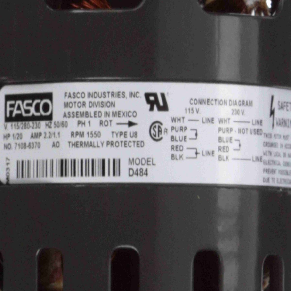FASCO Refrigeration Motor, 1/20 HP, 1 Ph, 50/60 Hz, 115/208-230 V, 1550 RPM, 1 Speed, 4.4" Diameter, OAO - D484