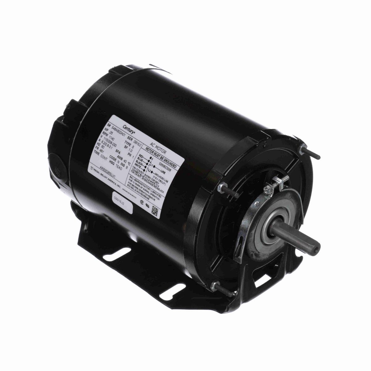 Century Fan and Blower Motor, .25 HP, 1 Ph, 60 Hz, 115/208-230 V, 1200 RPM, 48Y Frame, TEAO - ARB2026SLV1