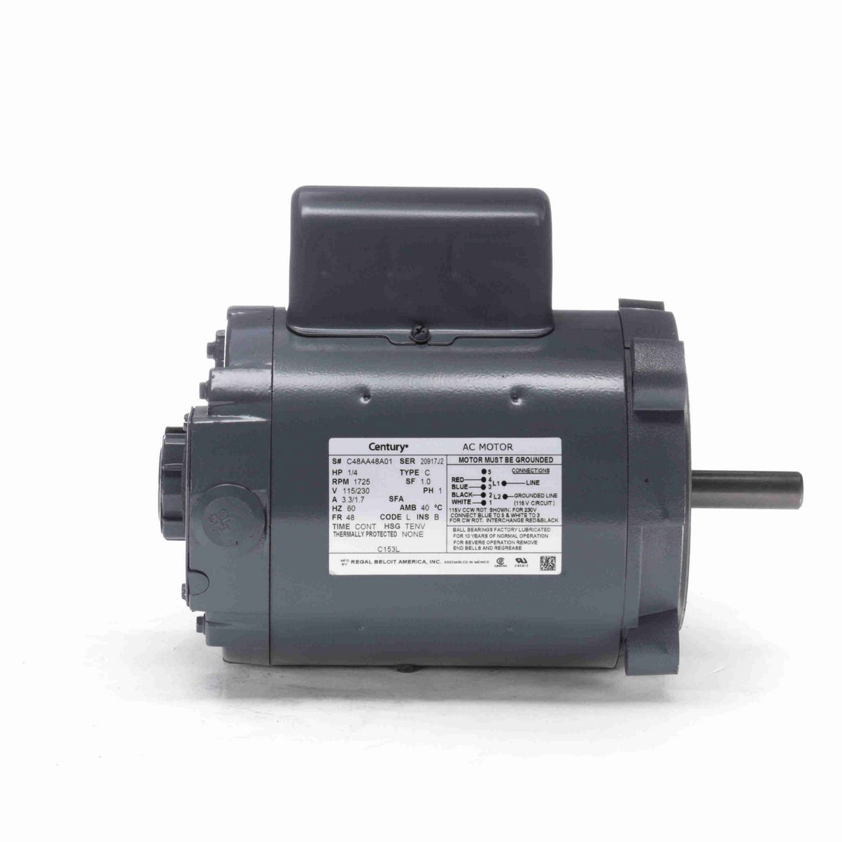Century General Purpose Motor, 1/4 HP, 1 Ph, 60 Hz, 115/230 V, 1800 RPM, 56C Frame, TENV - C153L