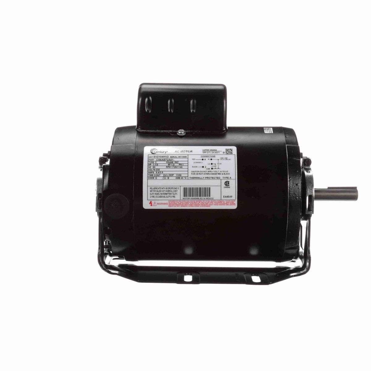 Century Refrigeration Motor, 1-1/3 HP, 1 Ph, 60 Hz, 230 V, 1800 RPM, 56Z Frame, ODP - SV2104HV2