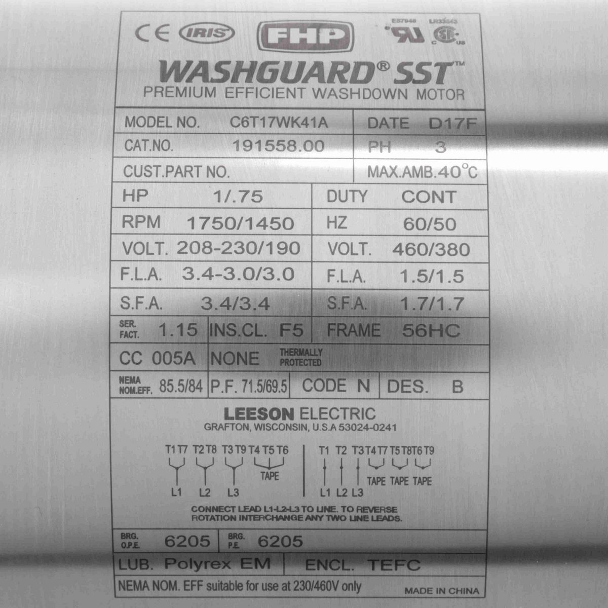 LEESON SST Duck™ General Purpose Motor, 1 & 0.75 HP, 3 Ph, 60 & 50 Hz, 208-230/460 & 190/380 V, 1800 & 1500 RPM, 56HC Frame, TEFC - 191558.00