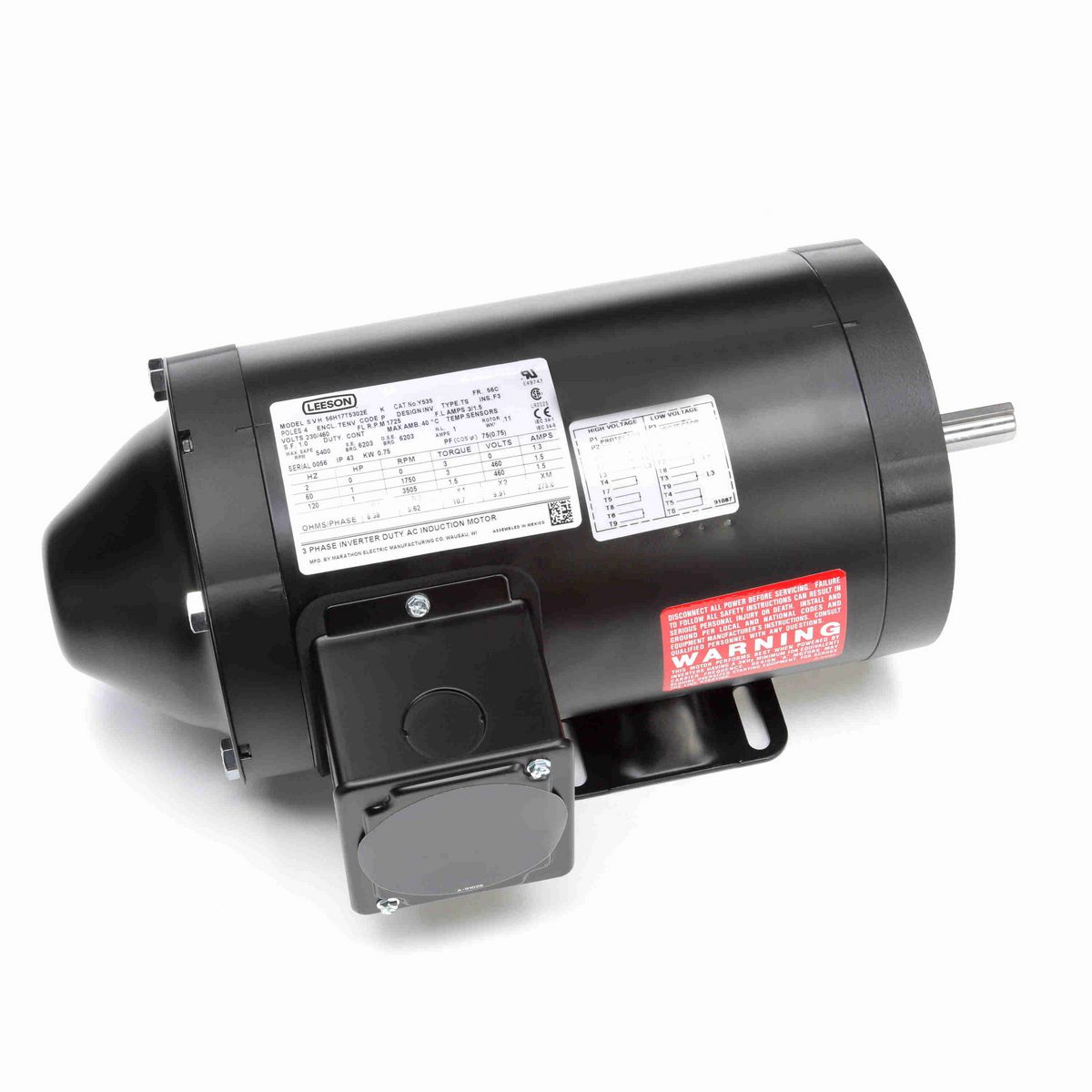 LEESON Speed Ratio Motor, 1 HP, 3 Ph, 60 Hz, 230/460 V, 1800 RPM, 56C Frame, TENV - Y535