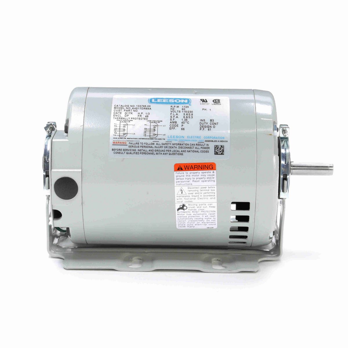 LEESON Refrigeration Motor, 0.33 HP, 1 Ph, 60 Hz, 115/230 V, 1800 RPM, 48 Frame, DP - 103795.00