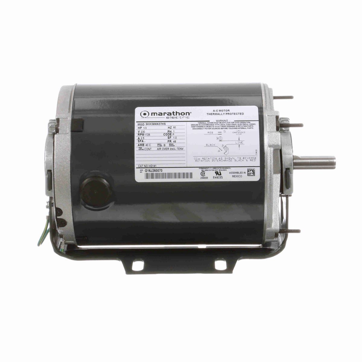 LEESON General Purpose Farm Duty Motor, 0.33 HP, 1 Ph, 60 Hz, 230 V, 1800 RPM, 48 Frame, TENV - HG141