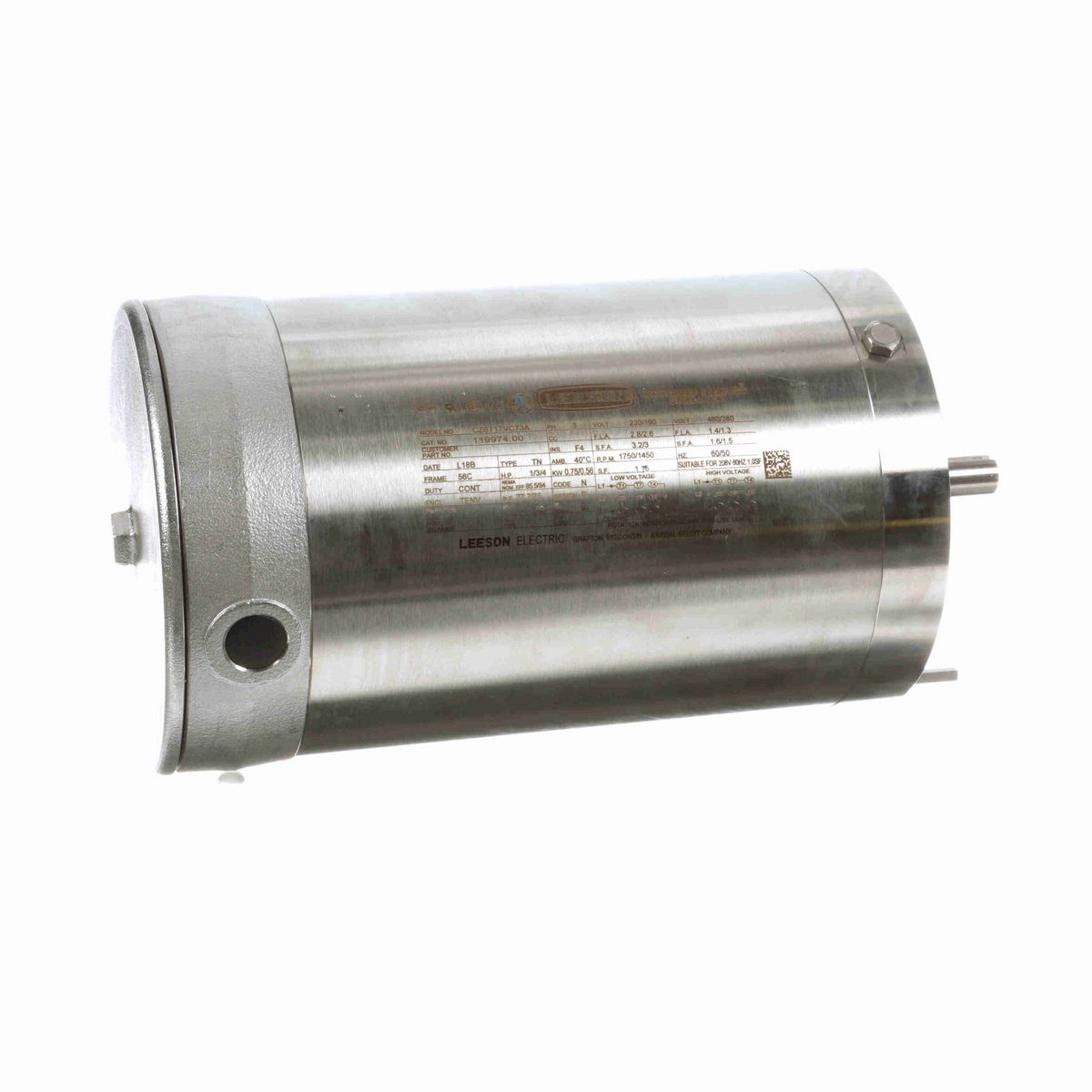 LEESON Premium Duck™ General Purpose Motor, 1 & 0.75 HP, 3 Ph, 60 & 50 Hz, 230/460 & 190/380 V, 1800 & 1500 RPM, 56C Frame, TENV - 119974.00