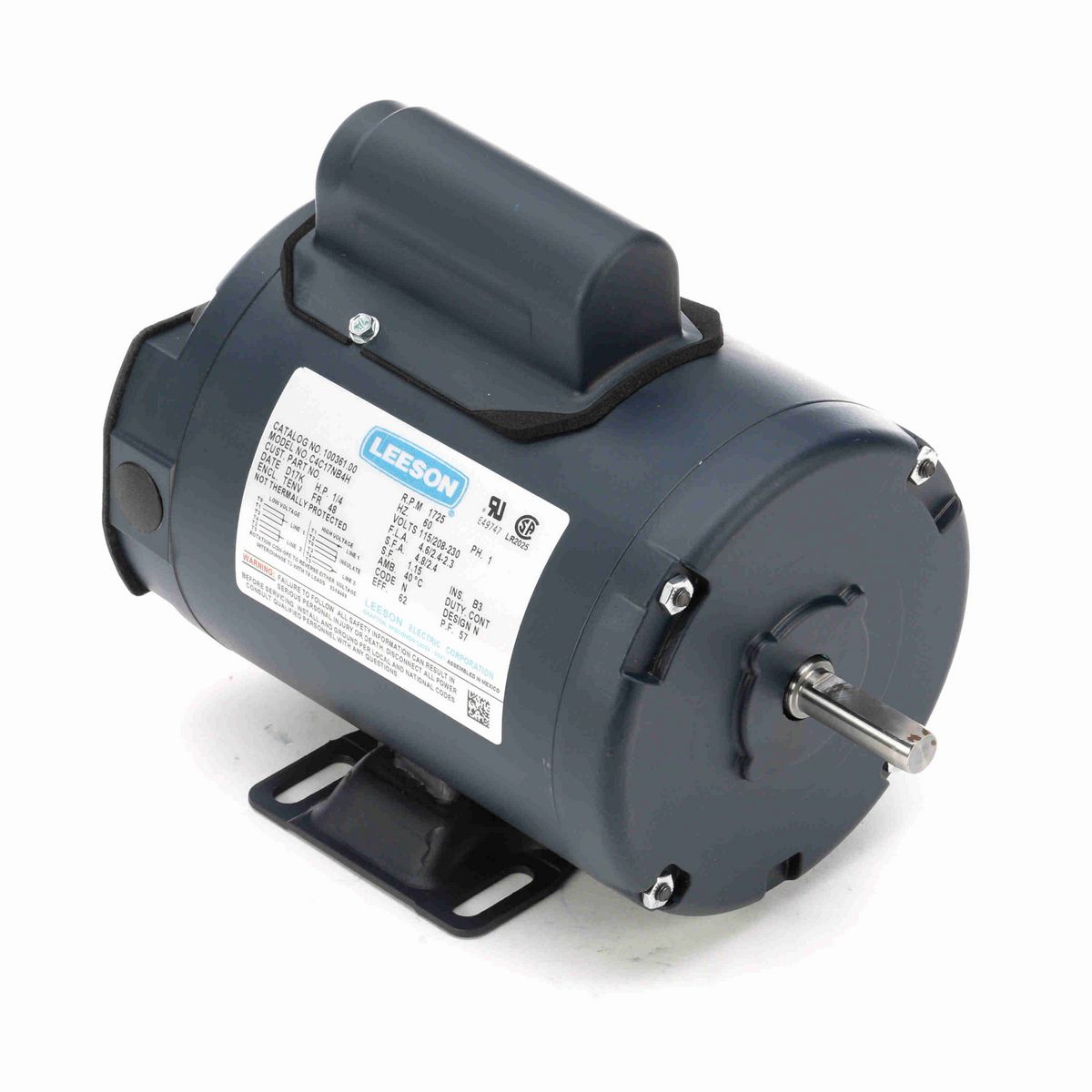 LEESON General Purpose Motor, 0.25 HP, 1 Ph, 60 Hz, 115/230 V, 1800 RPM, 48 Frame, TENV - 100361.00