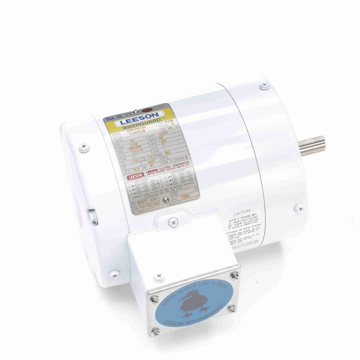 LEESON White Duck™ General Purpose Motor, 0.50 HP, 3 Ph, 60 Hz, 230/460 V, 1800 RPM, 56C Frame, TENV - 113473.00