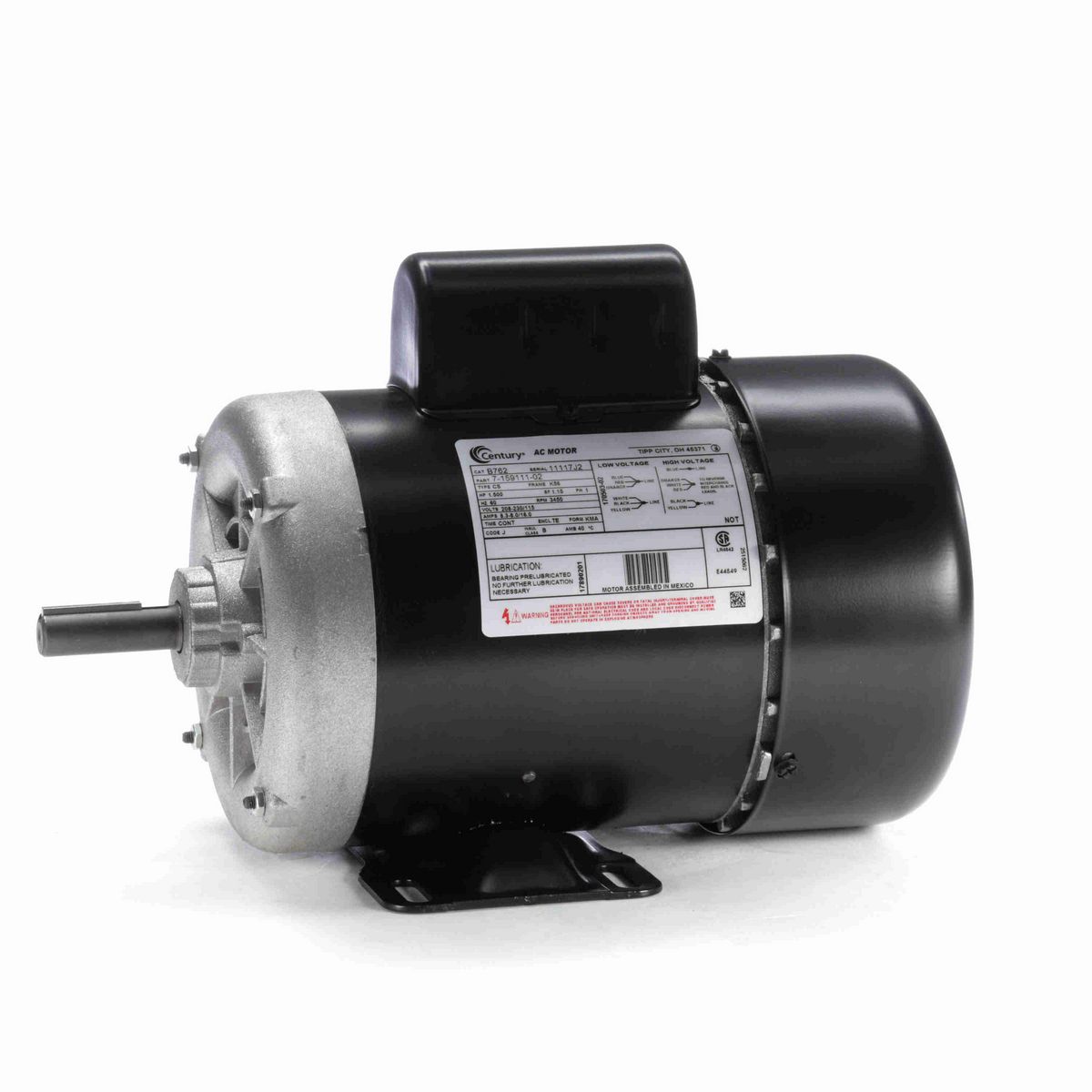 Century General Purpose Farm Duty Motor, 1.500 HP, 1 Ph, 60 Hz, 208-230/115 V, 3600 RPM, K56 Frame, TEFC - B762