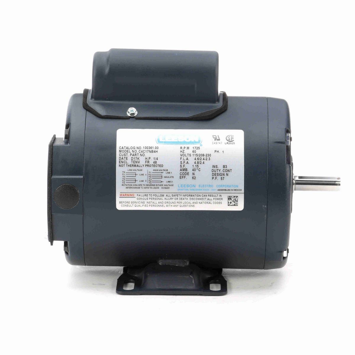 LEESON General Purpose Motor, 0.25 HP, 1 Ph, 60 Hz, 115/230 V, 1800 RPM, 48 Frame, TENV - 100361.00