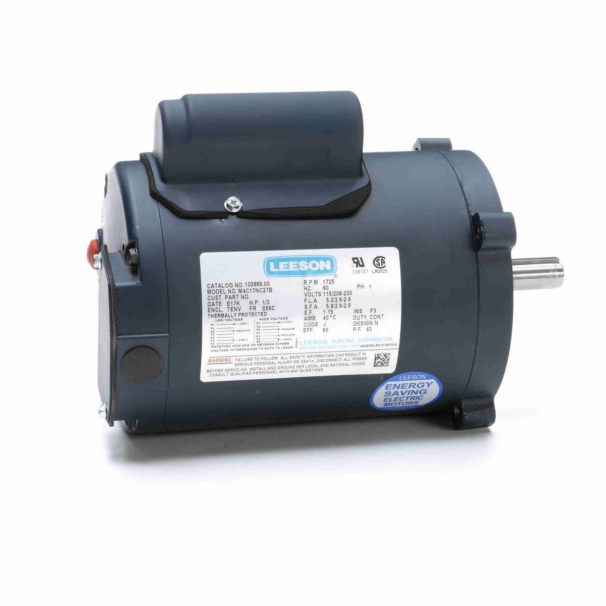 LEESON General Purpose Motor, 0.33 HP, 1 Ph, 60 Hz, 115/230 V, 1800 RPM, S56C Frame, TENV - 102869.00