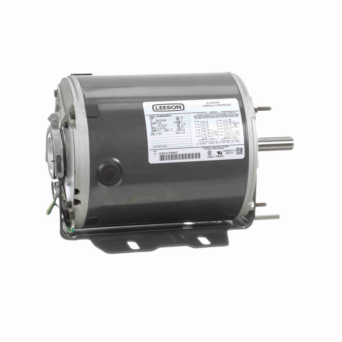 LEESON Fan and Blower Motor, 1 HP, 3 Ph, 60 Hz, 208-230/460 V, 1800 RPM, 56 Frame, DP - K1412