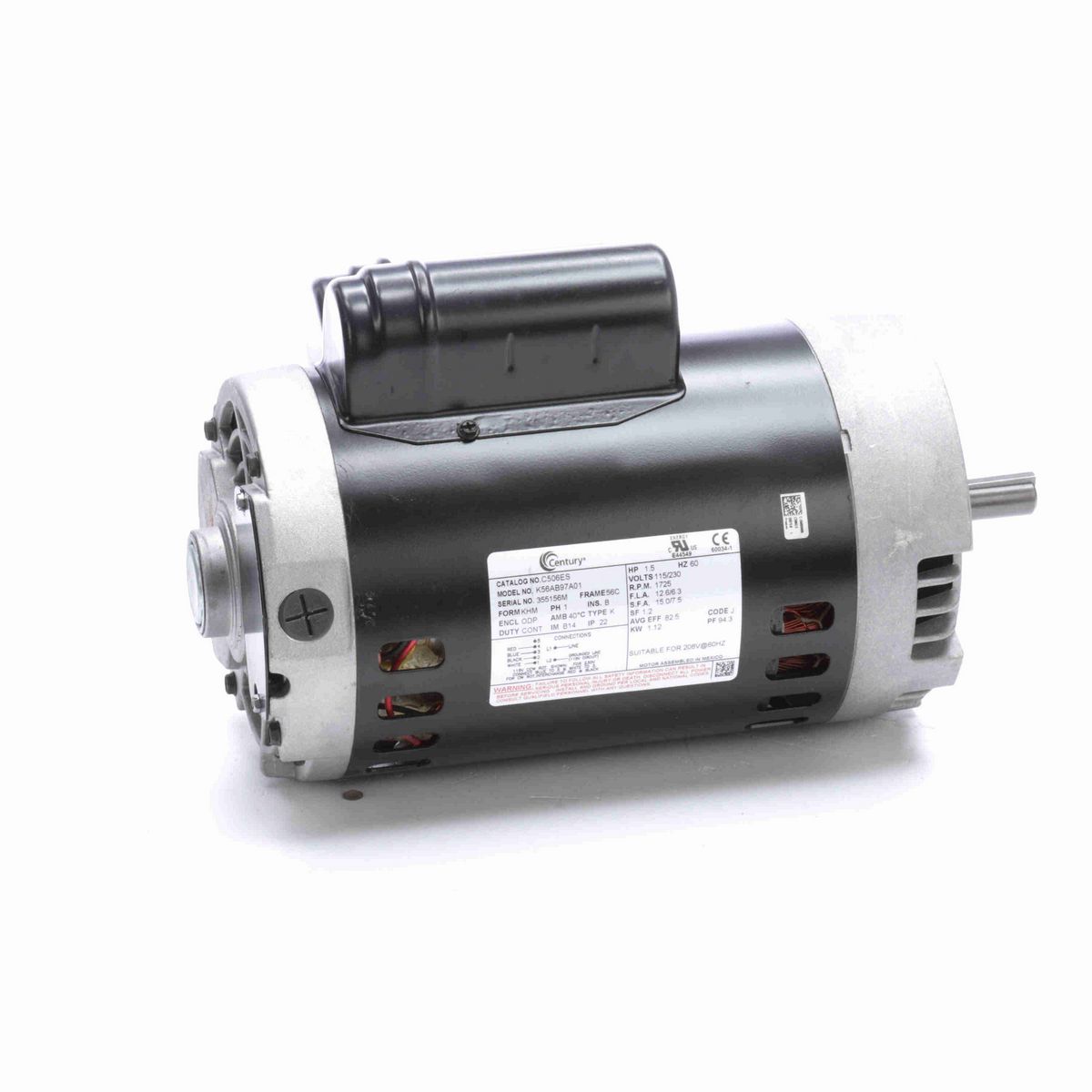 Century General Purpose Motor, 1.5 HP, 1 Ph, 60 Hz, 115/230 V, 1800 RPM, 56C Frame, ODP - C506ES