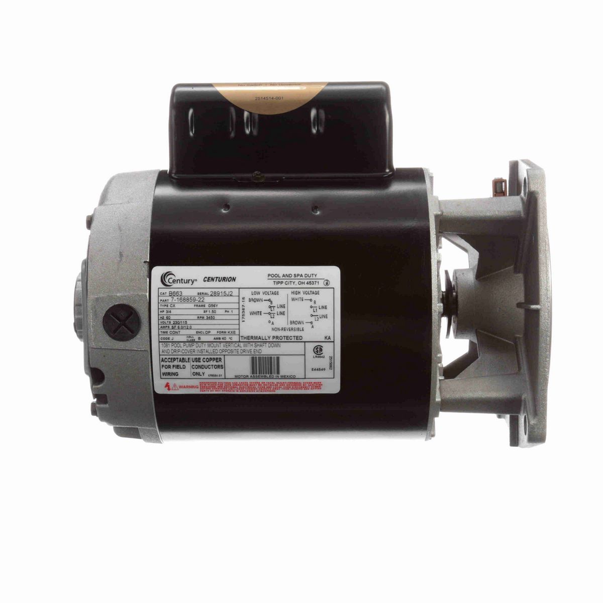 Century Pool Pump Motor, 3/4 HP, 1 Ph, 60 Hz, 230/115 V, 3600 RPM, G56Y Frame, DP - B663