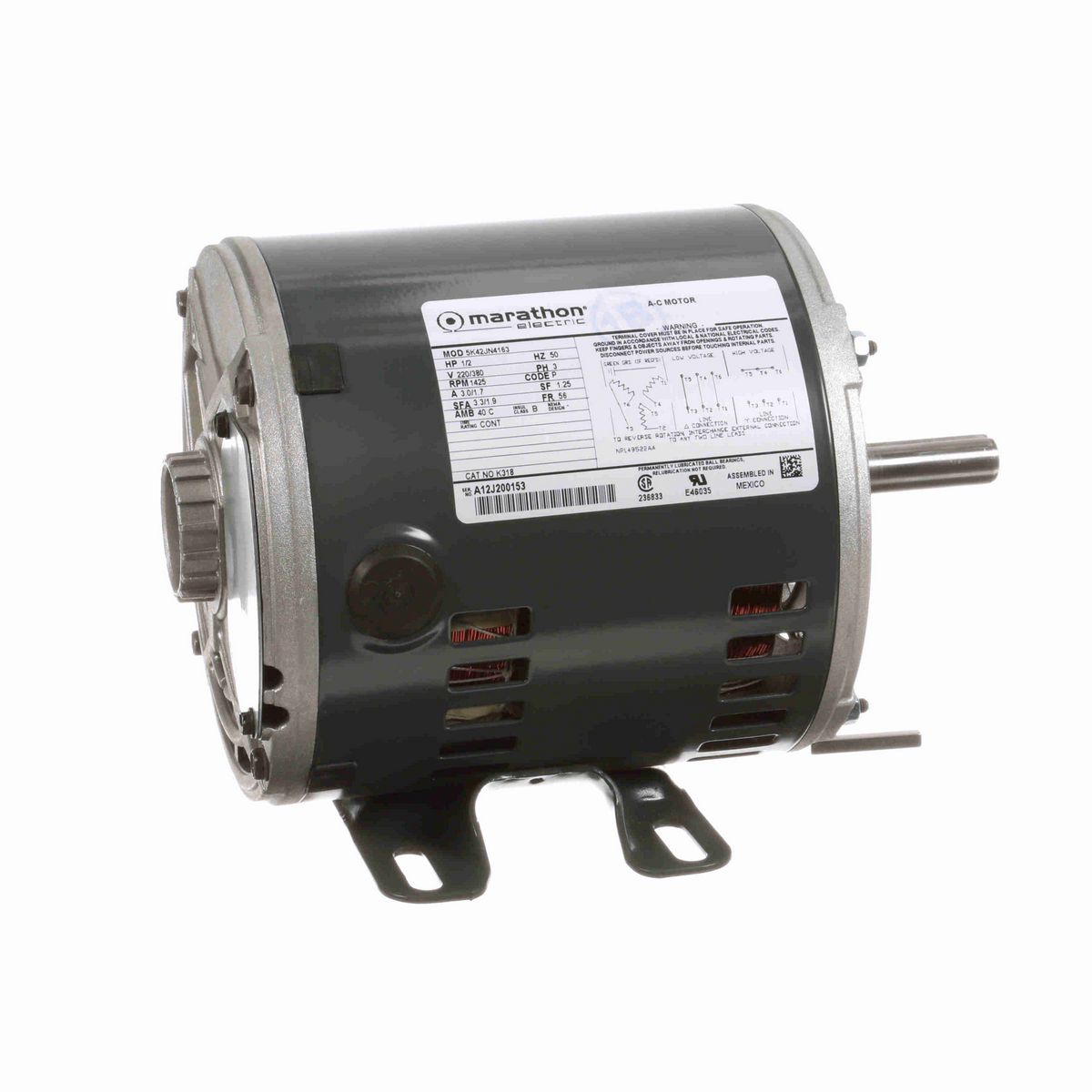 LEESON General Purpose Motor, 0.50 HP, 3 Ph, 50 Hz, 220/380 V, 1500 RPM, 56 Frame, DP - K318