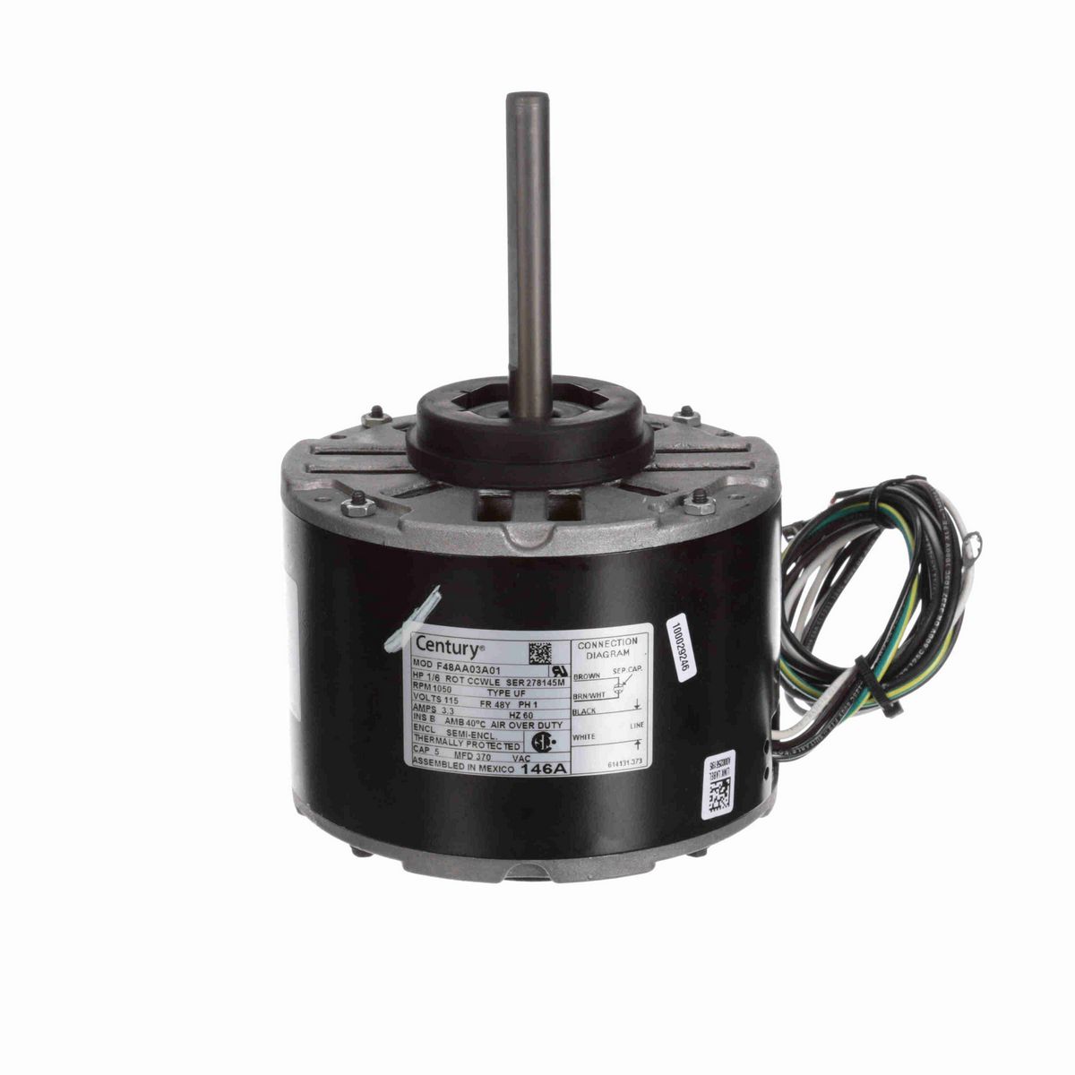 Century Fan and Blower Motor, 1/6 HP, 1 Ph, 60 Hz, 115 V, 1050 RPM, 1 Speed, 48 Frame, SEMI ENCLOSED - 146A