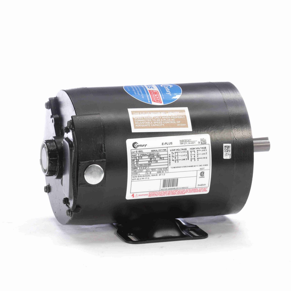 Century E-PLUS ® Speed Ratio Motor, 3/4 HP, 3 Ph, 60 Hz, 208-230/460 V, 1800 RPM, Y56C Frame, TENV - E180L