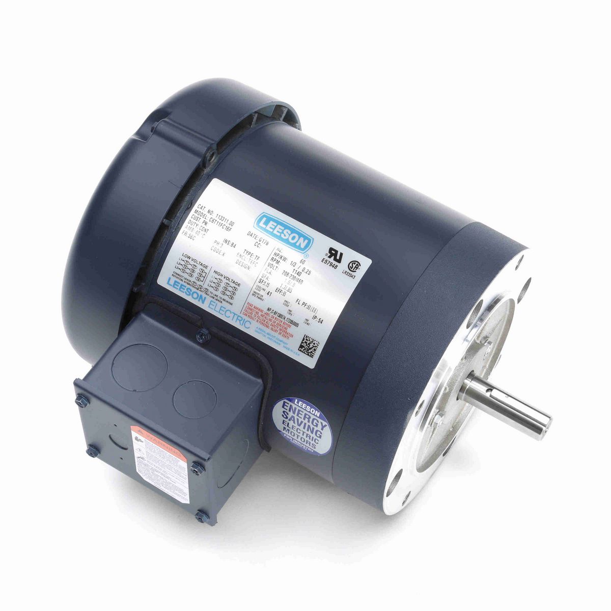 LEESON General Purpose Motor, 0.33 HP, 3 Ph, 60 Hz, 208-230/460 V, 1200 RPM, 56C Frame, TEFC - 113311.00