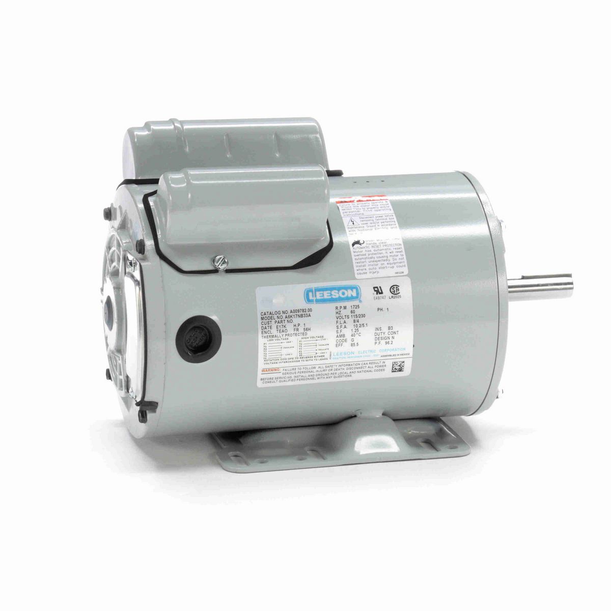 LEESON Agricultural Motor, 1 HP, 1 Ph, 60 Hz, 115/230 V, 1800 RPM, 56H Frame, TENV - M009782.00