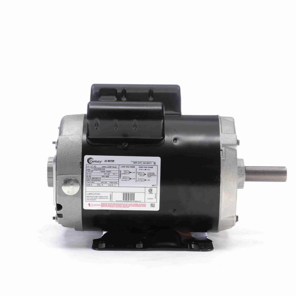 Century General Purpose Motor, 2.0 HP, 1 Ph, 60 Hz, 208-230/115 V, 3600 RPM, N145T Frame, DP - V110
