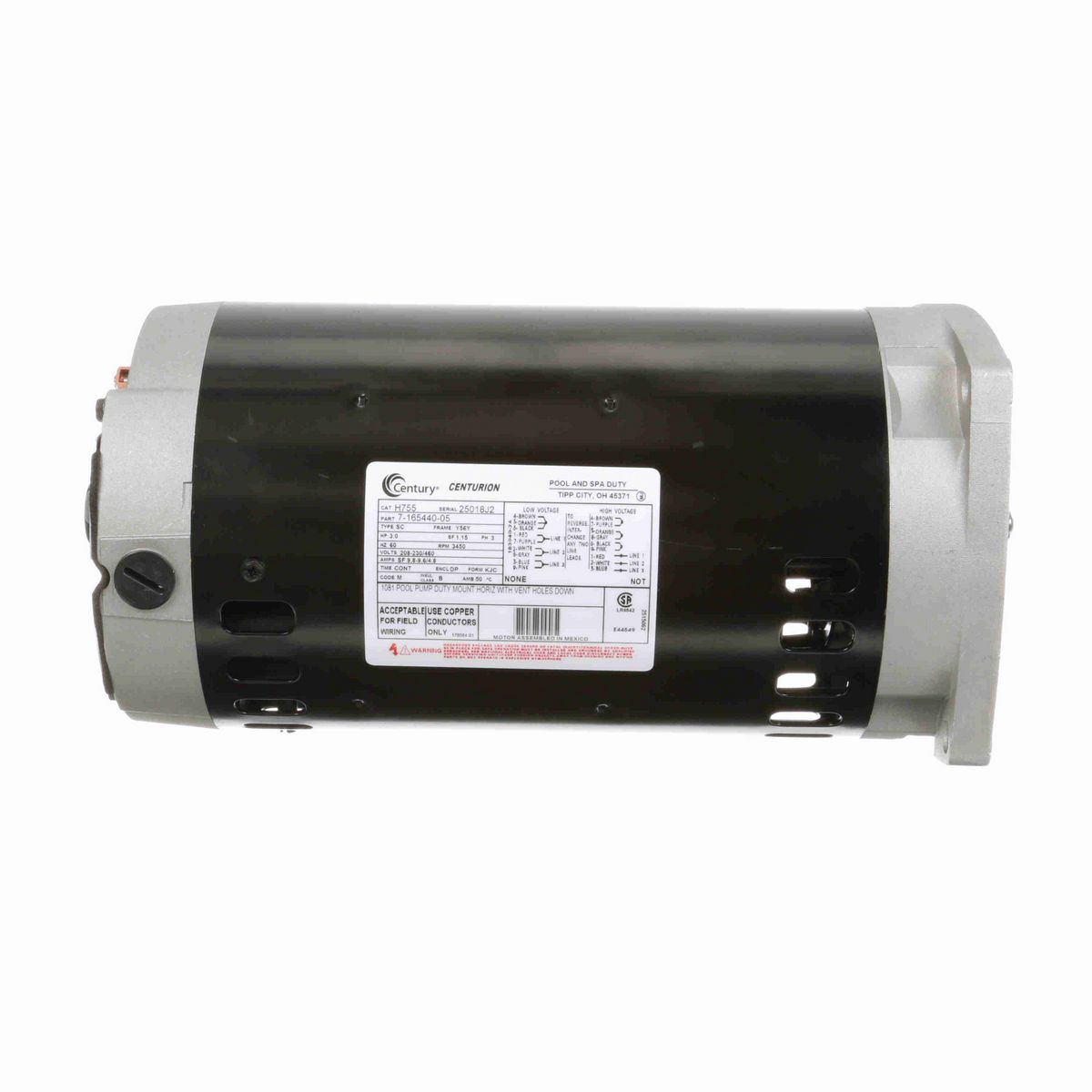 Century Pool Pump Motor, 3.0 HP, 3 Ph, 60 Hz, 208-230/460 V, 3600 RPM, Y56Y Frame, DP - H755